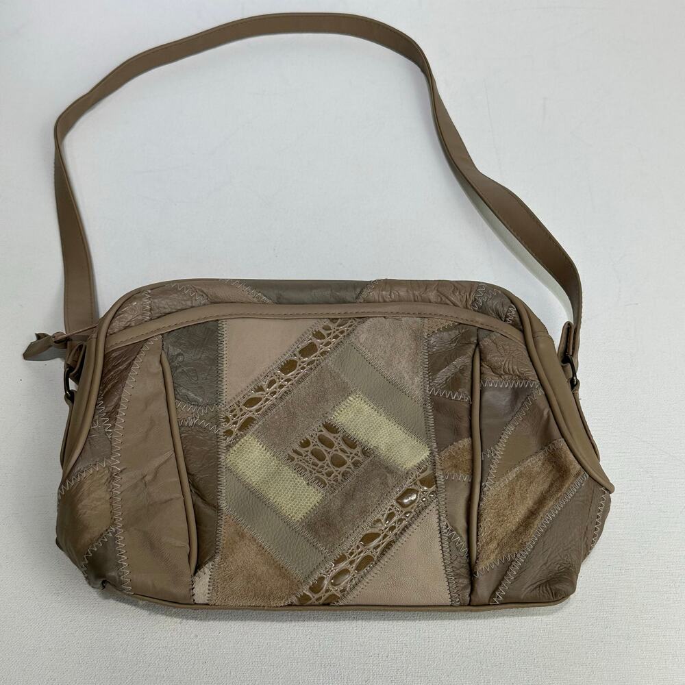 Vintage Boho Crossbody Double Zip Bag Womens Gray Patchwork Leather Purse